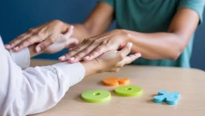 Dwie osoby siedzą naprzeciwko siebie przy jasnym, drewnianym stole. Widoczne są tylko ich ręce w geście wsparcia i współpracy. Między nimi leżą piankowe litery: pomarańczowe „Y”, zielone „O” oraz niebieskie „X”. Scena ilustruje profesjonalną terapię neurologopedyczną.